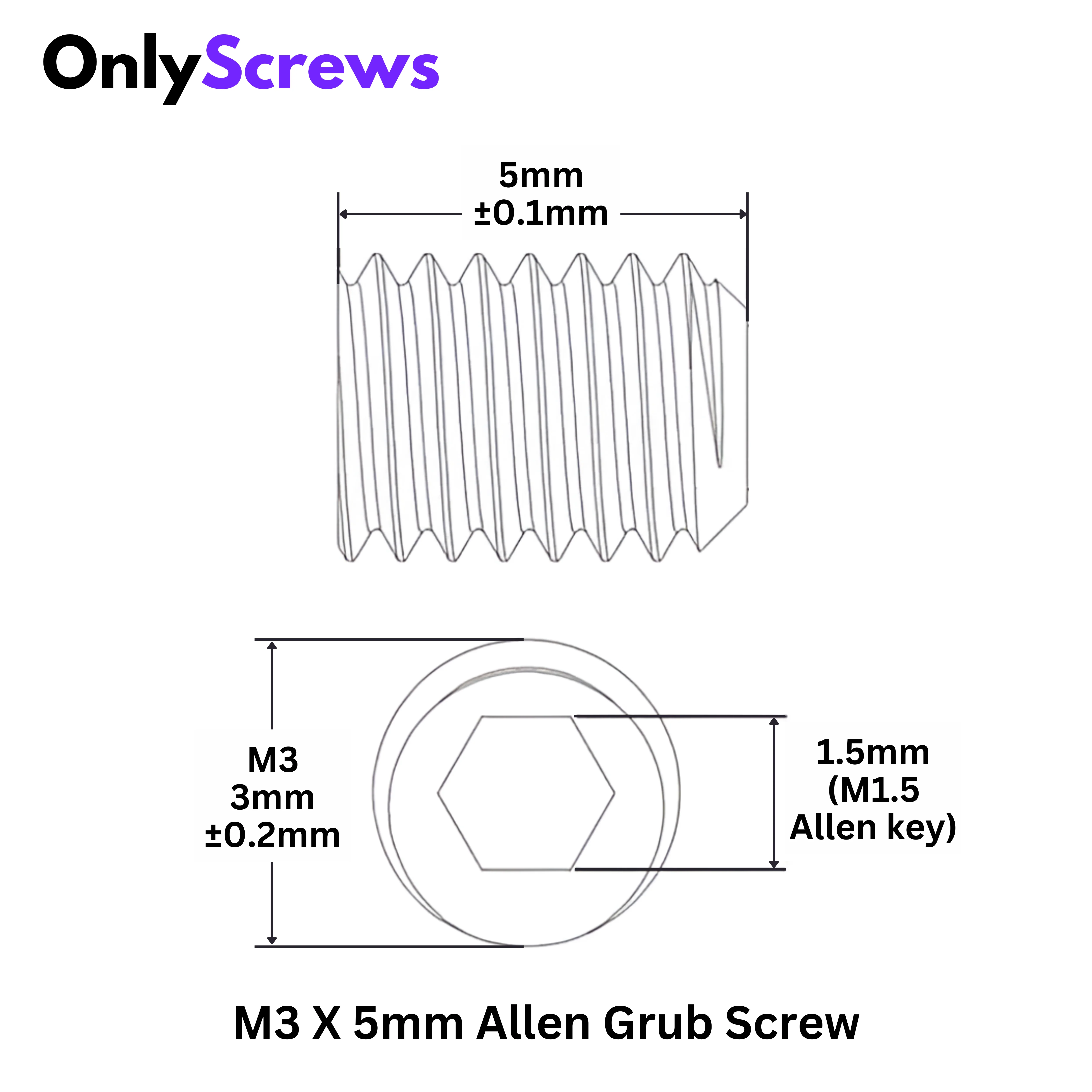 M3 X 5mm Grub Screw SS304 (Dia. 3mm, Length 5mm) - Image 3