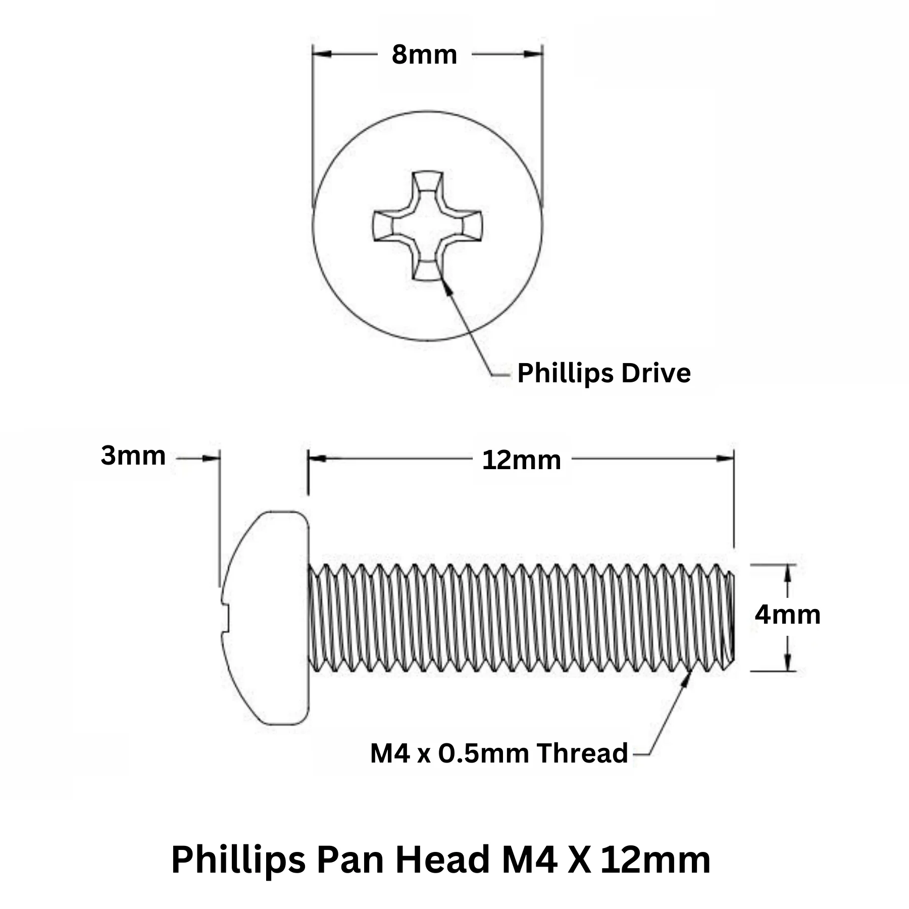 M4 X 12mm Phillips Pan head SS 304 Screw (Dia. 4mm, Length 12mm) - Image 3